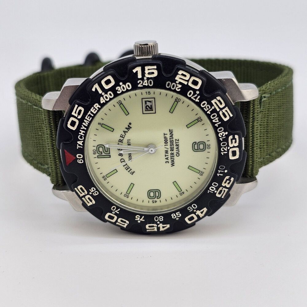Field & Stream Men's Watch 38MM Cream Dial Date New Green Canvas Bands Battery‎